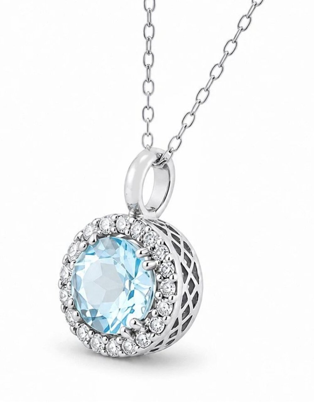Genuine 0.75 Cts Aquamarine & Diamonds Necklace Solid .925 Sterling Silver - Picture 4 of 6